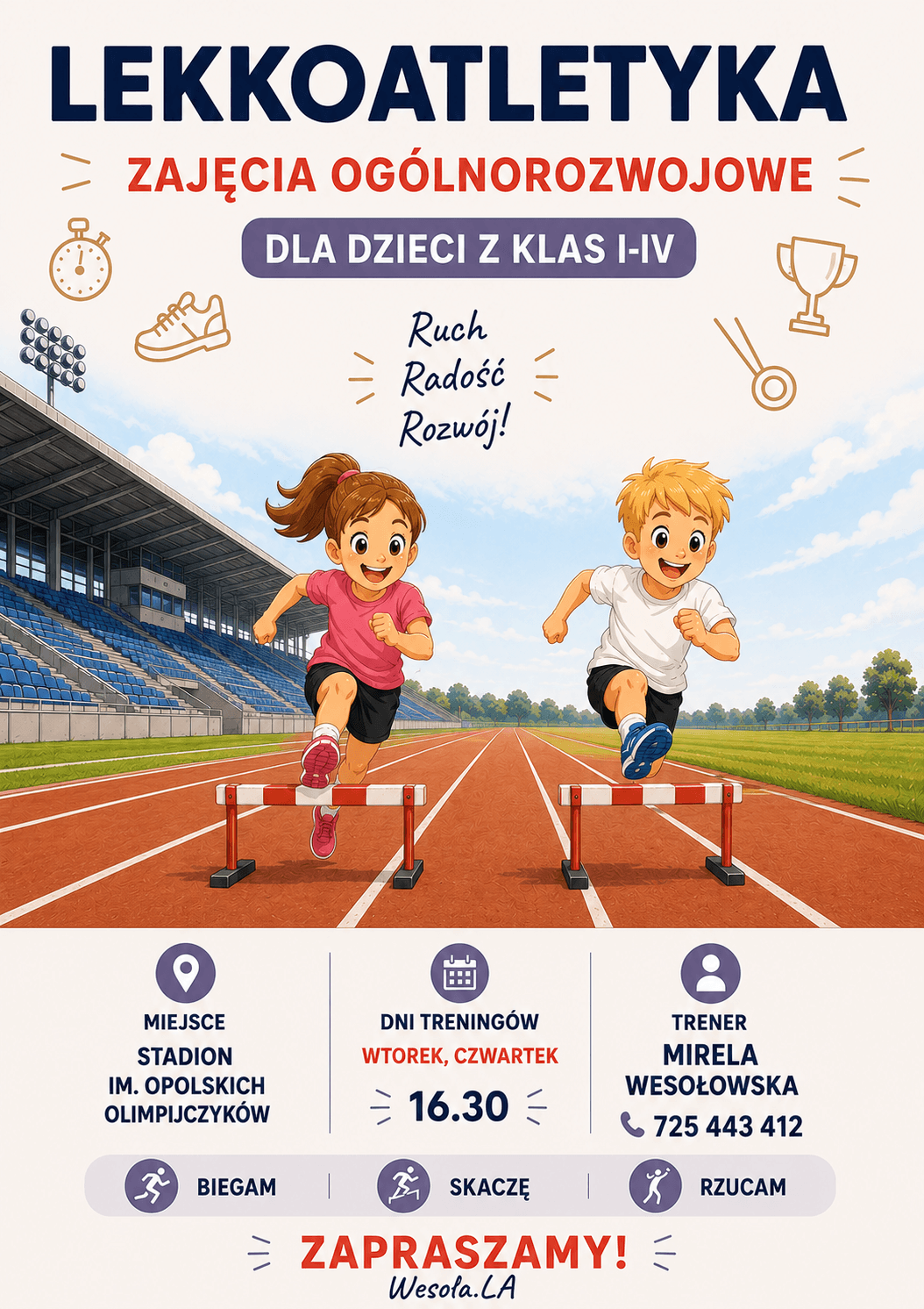 Plakat zajęć lekkoatletycznych dla dzieci z klas I-IV w Opolu